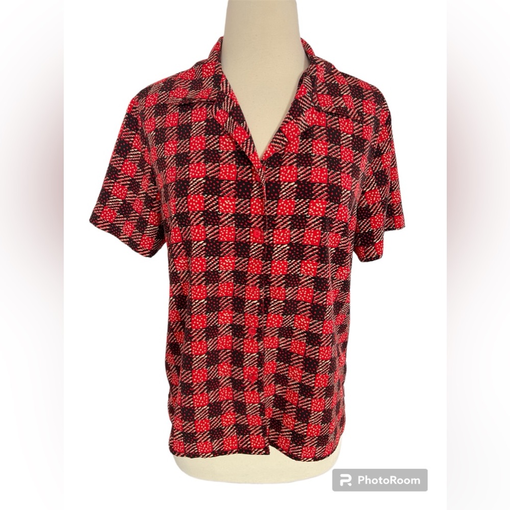 Essential Short Sleeve‎ button down plaid Vintage Women’s shirt Small Petite